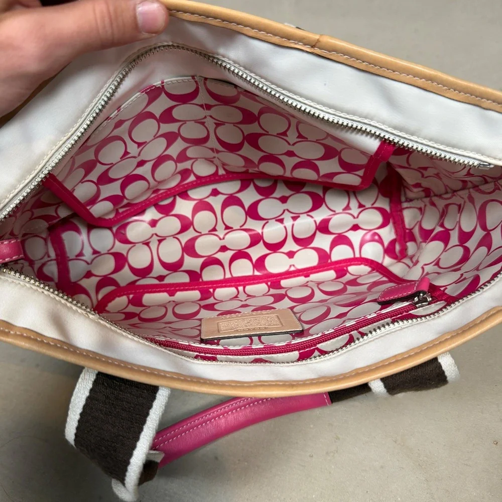 Coach 6261 reversable White Canvas Tote Bag Brown Stripe Pink Leather vtg Y2K - Picture 2 of 7